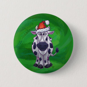 Badge Rond 5 Cm Vache Noël sur vert