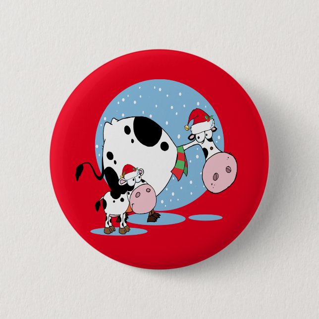 Badge Rond 5 Cm Vaches de Noël avec chapeau de Père Noël (Devant)