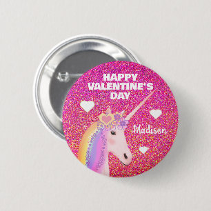 Badge Rond 5 Cm Valentines Day Unicorn Parties scintillant rose Pe