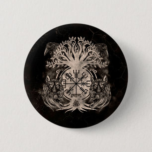Badge Rond 5 Cm Vegvisir -Yggdrasil With Ravens & Wolves