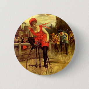 BADGE ROND 5 CM VÉLO VINTAGE DE DAMES EMBALLANT RACE DE BICYCLETTE