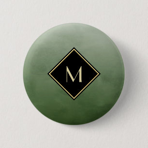 Badge Rond 5 Cm Vert Brossé Élégant Avec Monogramme Or Simple