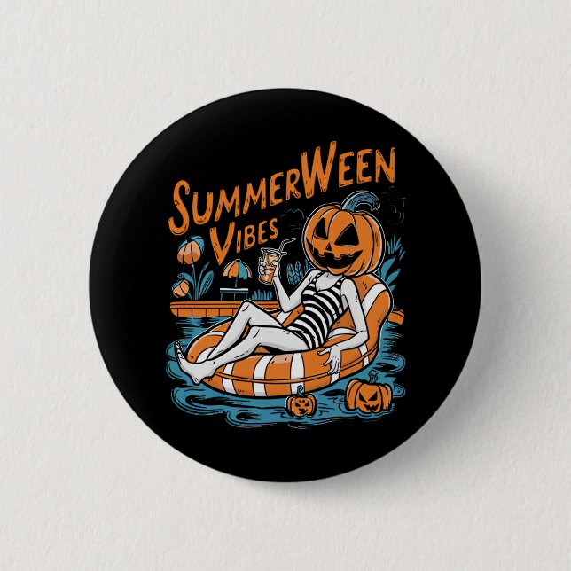Badge Rond 5 Cm Vibes d'été Éffrayant Citrouille d'été mignonne (Devant)