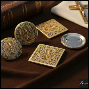 Badge Rond 5 Cm Vierge Marie Révérence Dorée