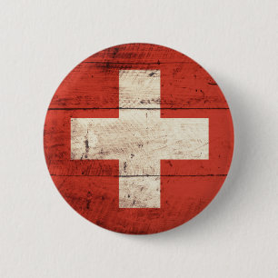 Badge Rond 5 Cm Vieux drapeau suisse en bois