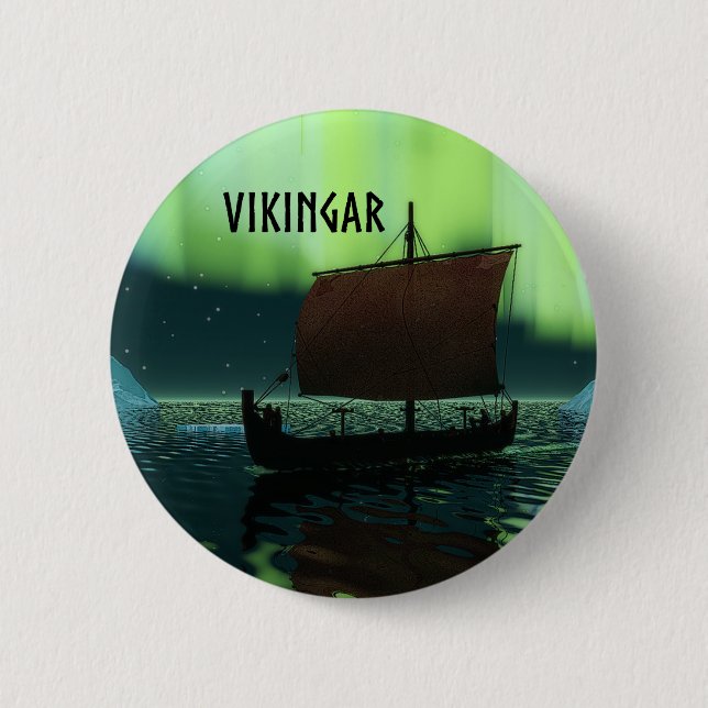 Badge Rond 5 Cm Viking Navire Et Lumières Du Nord (Devant)