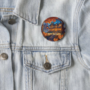 Badge Rond 5 Cm villa éffrayante dans la forêt, citrouilles, Hallo