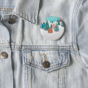 Badge Rond 5 Cm Village d'hiver et marmotte