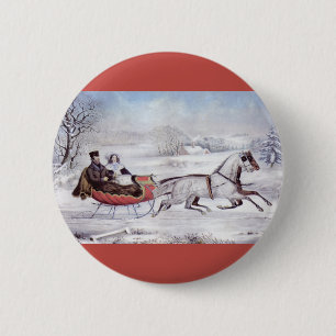 Badge Rond 5 Cm Vintage Christmas, The Road Winter, Sleigh Horse