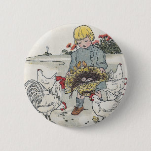 Badge Rond 5 Cm Vintage fille avec poulets, E est un oeuf