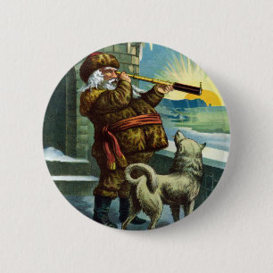 Badge Rond 5 Cm Vintage Noël Santa Claus Telescope Chien Sunset