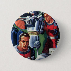 Badge Rond 5 Cm Vintage Science Fiction Astronauts Fixing a Robot