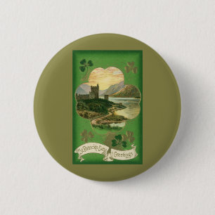 Badge Rond 5 Cm Vintage St. Patricks Day Greetings Castle Shamrock
