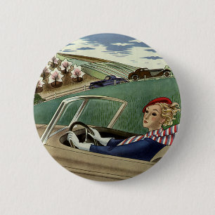 Badge Rond 5 Cm Vintage voyage, Elegant Woman en voiture convertib