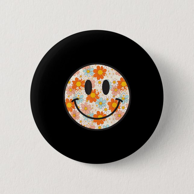 Badge Rond 5 Cm Visage Souriant Fleur de Daisy Rétro Heureux Esthé (Devant)