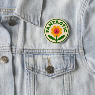 Badge Rond 5 Cm Visage Souriant Fleur Rétro Fantastique Positivité