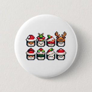 Badge Rond 5 Cm Visages de sushi de Noël - Jote Pixel Art Holiday