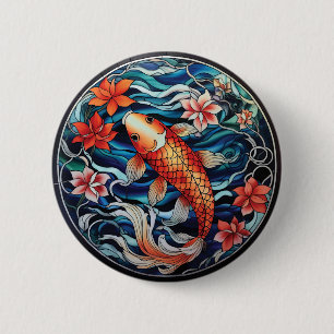 Badge Rond 5 Cm Vitrail asiatique style Koi Poisson et Camellias