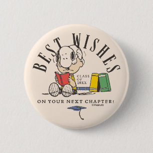 Badge Rond 5 Cm Vœux de fin d'études Peanuts Snoopy lisant
