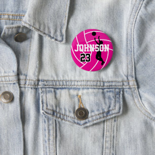 Badge Rond 5 Cm Volley-ball rose chaud avec Silhouette Player