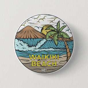 Badge Rond 5 Cm Waikiki Beach Hawaii Vintage