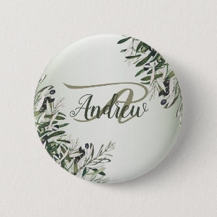 Badge Rond 5 Cm Wedding Party Green Leaves Black Olive Elegant
