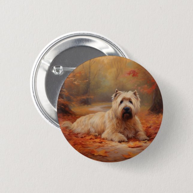 Badge Rond 5 Cm Wheaten Terrier dans les feuilles d'automne automn (Devant & derrière)