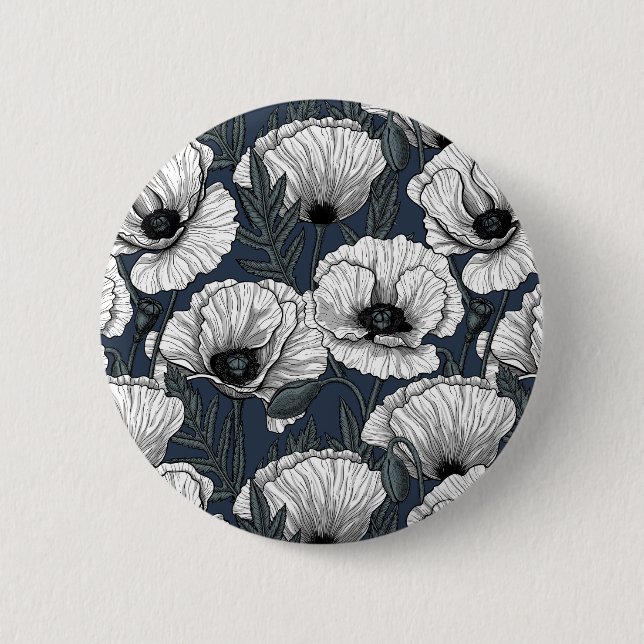 Badge Rond 5 Cm White poppies on navy (Devant)