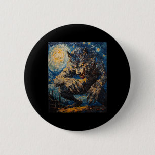Badge Rond 5 Cm Wolf Werewolf - Van Gogh Style - Starry Nig