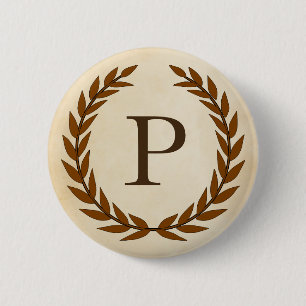 Badge Rond 5 Cm Wreath Laurel sur le monogramme de parchemin