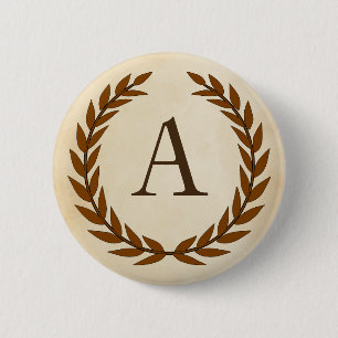 Badge Rond 5 Cm Wreath Laurel sur Parchemin Monogramme initial A