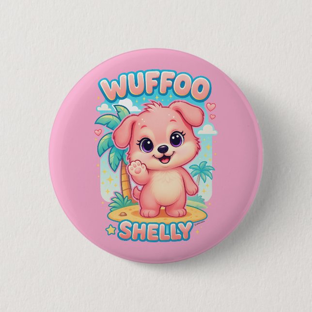 Badge Rond 5 Cm Wuffoo Shelly Kawaii Puppy Tropical Island (Devant)