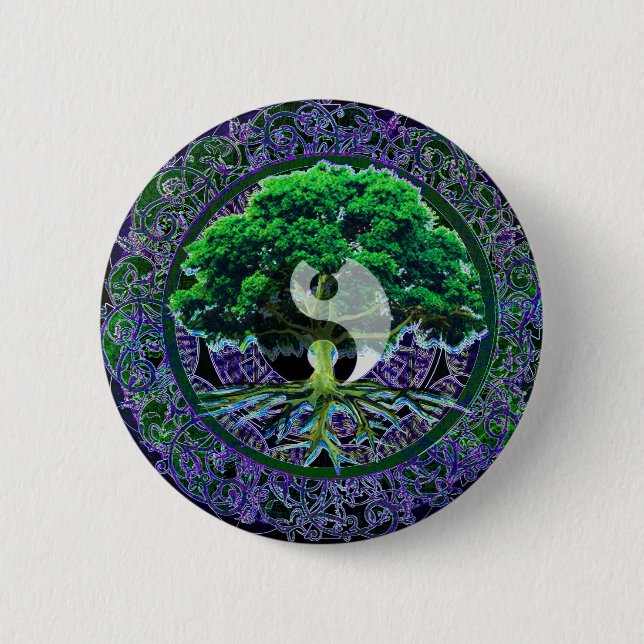 Badge Rond 5 Cm Yin Yang avec l'arbre de la vie (Devant)