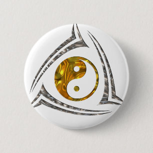 Badge Rond 5 Cm Yin & Yang / Tribal - or argent