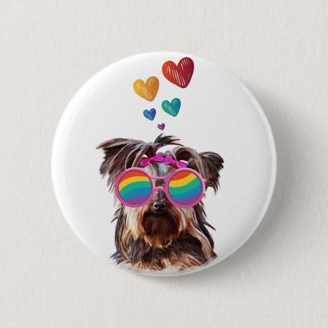 Badge Rond 5 Cm Yorkie Chien avec Coeurs Saint-Valentin (Devant)