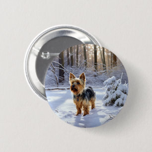 Badge Rond 5 Cm Yorkshire Terrier Laisser Neige Noël