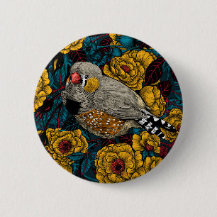 Badge Rond 5 Cm Zebra finch et buisson rose