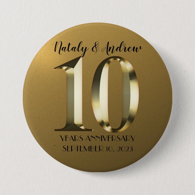 Badge Rond 7,6 Cm 10e Mariage d'or métallique (Devant)