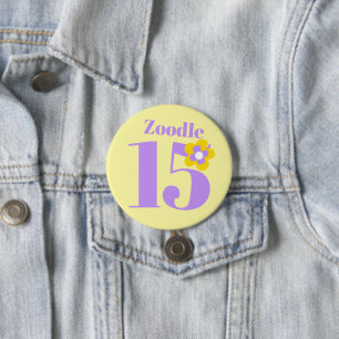 Badge Rond 7,6 Cm 15ème anniversaire filles jaune violet