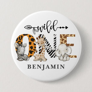 Badge Rond 7,6 Cm 1er anniversaire Wild One Safari Animaux Thème