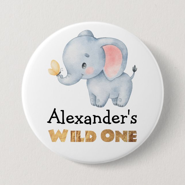 Badge Rond 7,6 Cm 1er anniversaire Wild One Safari Elephant Thème (Devant)