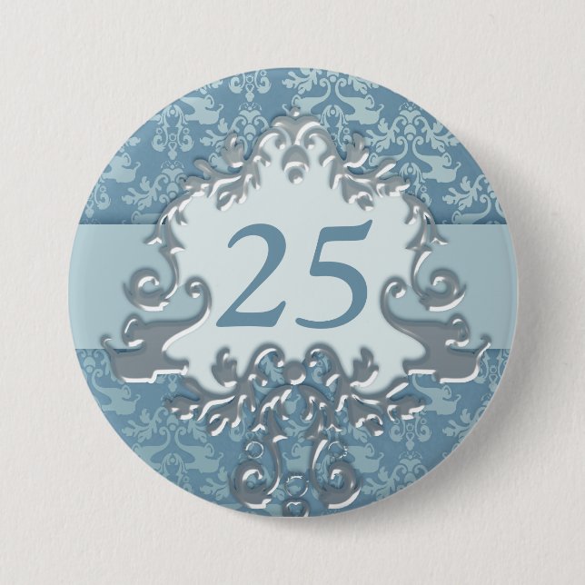 Badge Rond 7,6 Cm 25e anniversaire damask éléphant argent bleu (Devant)