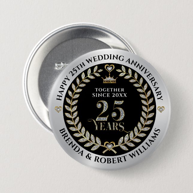 Badge Rond 7,6 Cm 25e anniversaire mariage parties scintillant d'arg (Devant & derrière)