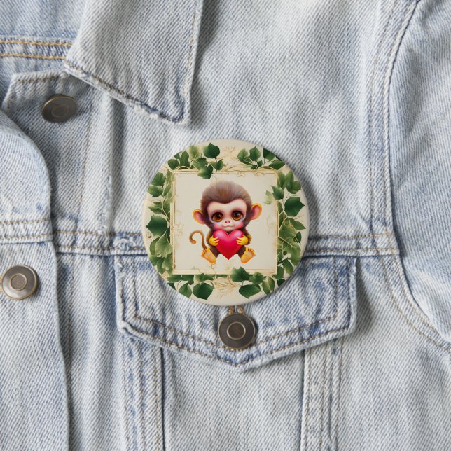 Badge Rond 7,6 Cm Adorable Jungle Saint-Valentin Singe (En situation)