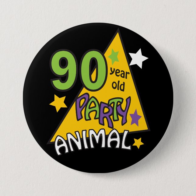 Badge Rond 7,6 Cm Animaux de fête de 90 ans | 90e anniversaire (Devant)