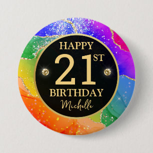 Badge Rond 7,6 Cm Anniversaire 21 ans Elegant Arc-en-ciel Or Paillet
