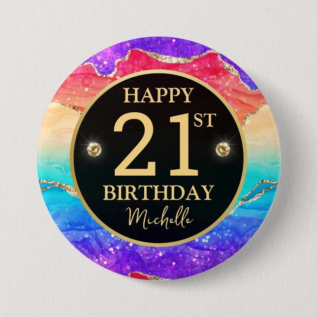 Badge Rond 7,6 Cm Anniversaire 21 Ans Élégant Arc-en-Ciel Paillettes (Devant)