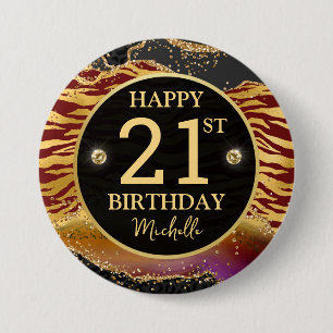 Badge Rond 7,6 Cm Anniversaire 21 ans Safari Jungle Agate Paillettes