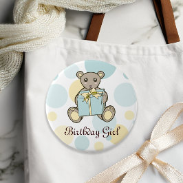 Badge Rond 7,6 Cm Anniversaire de enfant Pastel Blue et Jaune Teddy 