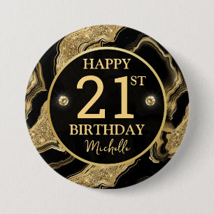 Badge Rond 7,6 Cm Anniversaire élégant agate noir et or pailleté